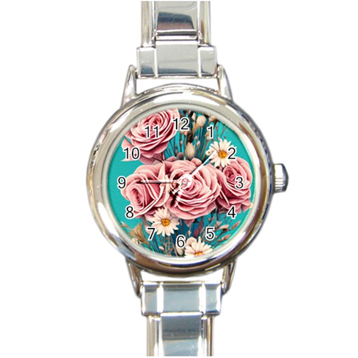 Coral Blush Rose on Teal Round Italian Charm Watch