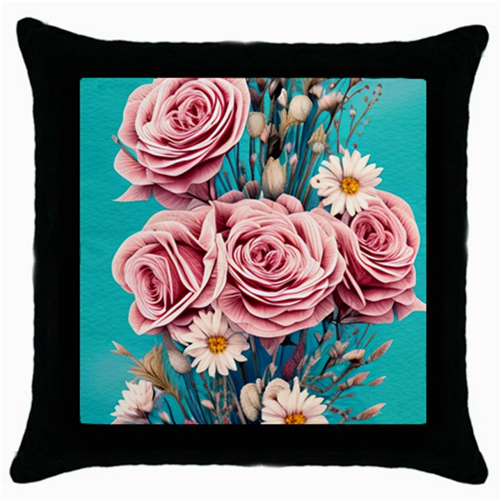 Coral Blush Rose on Teal Throw Pillow Case (Black)