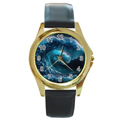 Tsunami Waves Ocean Sea Water Rough Seas 4 Round Gold Metal Watch