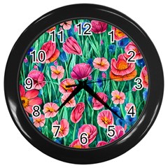 Blossom-filled Watercolor Flowers Wall Clock (black) by GardenOfOphir