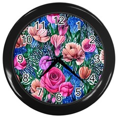 Bright And Brilliant Watercolor Flowers Wall Clock (black) by GardenOfOphir