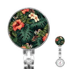 Flowers Monstera Foliage Tropical Jungle Drawing Stainless Steel Nurses Watch