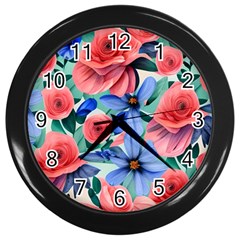 Classy Watercolor Flowers Wall Clock (black) by GardenOfOphir