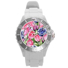 Charming Foliage – Watercolor Flowers Botanical Round Plastic Sport Watch (l) by GardenOfOphir