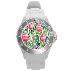 Cheerful And Captivating Watercolor Flowers Round Plastic Sport Watch (l) by GardenOfOphir