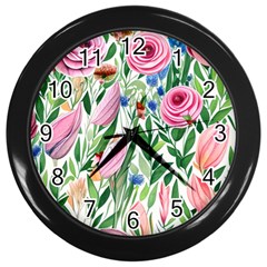 Different Watercolor Flowers Botanical Foliage Wall Clock (black) by GardenOfOphir