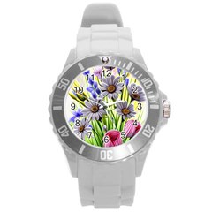 Expressive Watercolor Flowers Botanical Foliage Round Plastic Sport Watch (l) by GardenOfOphir