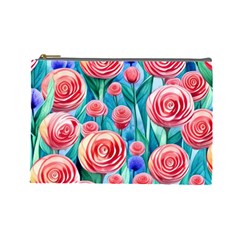 Brilliantly Hued Watercolor Flowers In A Botanical Cosmetic Bag (large) by GardenOfOphir