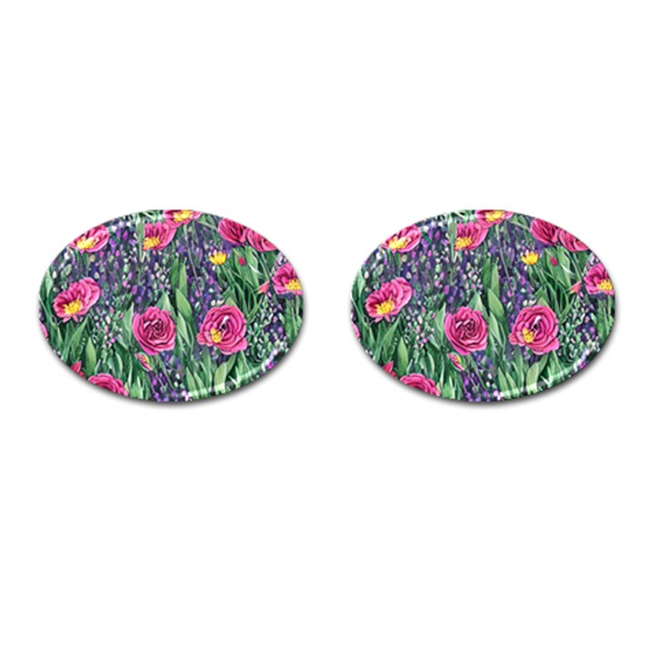 Dazzling Watercolor Flowers And Foliage Cufflinks (Oval)