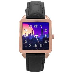 The Sun Night Music The City Background 80s 80 s Synth Rose Gold Leather Watch 