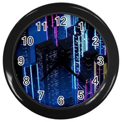 Night Music The City Neon Background Synth Retrowave Wall Clock (black) by Jancukart
