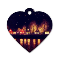 Night Houses River Bokeh Leaves Landscape Nature Dog Tag Heart (two Sides) by Ravend