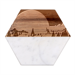 Ai Generated Trees Stars Planets Dreamlike Sun Marble Wood Coaster (hexagon)  by Ravend