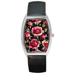 Roses Flowers Pattern Background Barrel Style Metal Watch