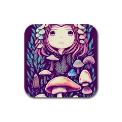 Fairy Mushroom Illustration Design Rubber Square Coaster (4 Pack) by GardenOfOphir