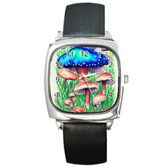 Light And Airy Mushroom Witch Artwork Square Metal Watch by GardenOfOphir