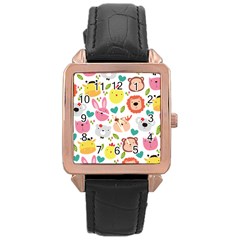 Cute Animals Cartoon Seamless Background Rose Gold Leather Watch 