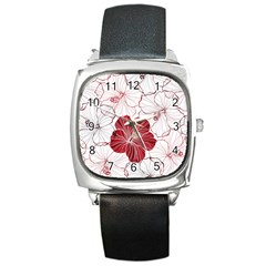 Red Hibiscus Flowers Art Square Metal Watch by Jancukart