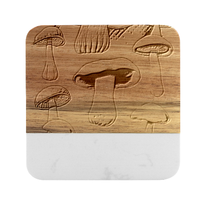 Cozy Forest Mushrooms Marble Wood Coaster (Square)