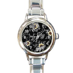 White And Yellow Floral And Paisley Illustration Background Round Italian Charm Watch