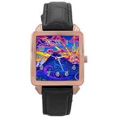 Psychedelic Colorful Lines Nature Mountain Trees Snowy Peak Moon Sun Rays Hill Road Artwork Stars Sk Rose Gold Leather Watch  by Jancukart