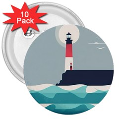 Lighthouse Ocean Nautical Sea Minimal Minimalist 3  Buttons (10 Pack)  by Pakemis