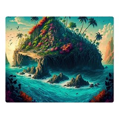 Tropical Island Paradise Ocean Sea Palm Trees One Side Premium Plush Fleece Blanket (large) by Pakemis