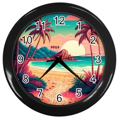 Palm Trees Tropical Ocean Sunset Sunrise Landscape Wall Clock (black) by Pakemis