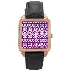 Purple Pretzel Illustrations Pattern Rose Gold Leather Watch  by GardenOfOphir