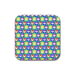 Colorful Whimsical Owl Pattern Rubber Coaster (square) by GardenOfOphir