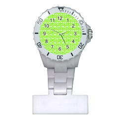 Lime Green And White Owl Pattern Plastic Nurses Watch by GardenOfOphir