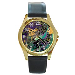 Ai Generated Flowers Trees Forest Mystical Forest Pattern Round Gold Metal Watch