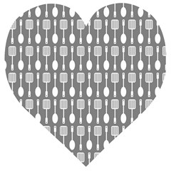 Gray And White Kitchen Utensils Pattern Wooden Puzzle Heart by GardenOfOphir