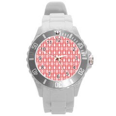 Coral And White Kitchen Utensils Pattern Round Plastic Sport Watch (l) by GardenOfOphir