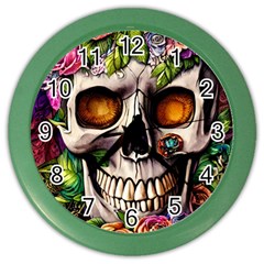 Gothic Skull With Flowers - Cute And Creepy Color Wall Clock by GardenOfOphir
