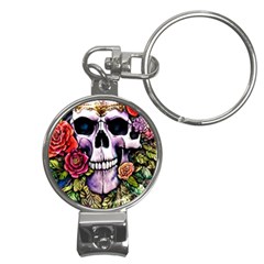 Sugar Skull With Flowers - Day Of The Dead Nail Clippers Key Chain by GardenOfOphir