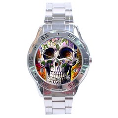 Cute Sugar Skull With Flowers - Day Of The Dead Stainless Steel Analogue Watch by GardenOfOphir