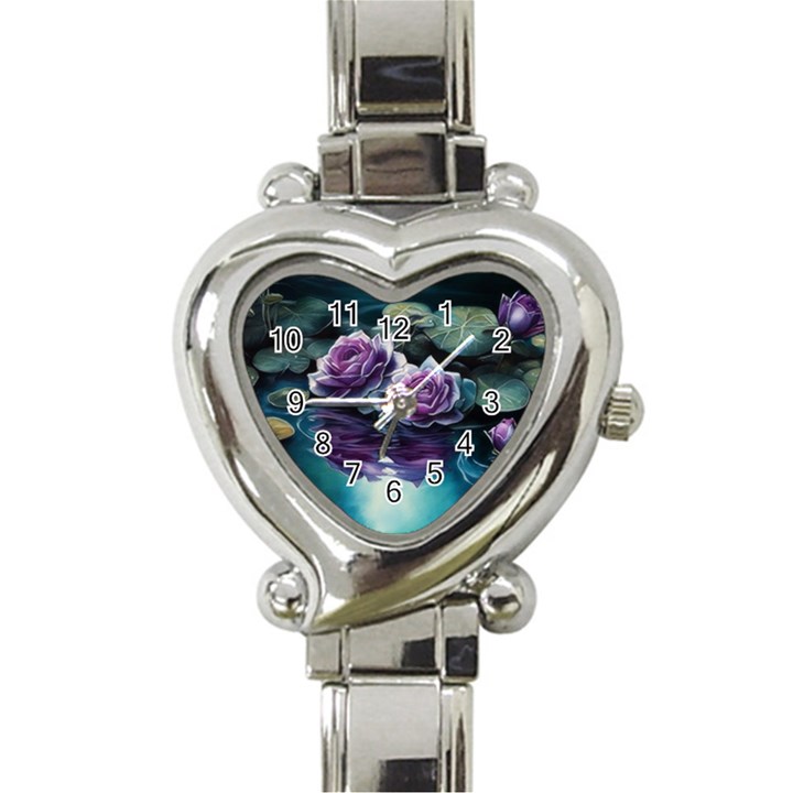 Roses Water Lilies Watercolor Heart Italian Charm Watch