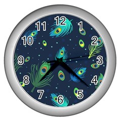 Blue Background Pattern Feather Peacock Wall Clock (silver) by Semog4