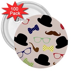 Moustache-hat-bowler-bowler-hat 3  Buttons (100 Pack) 