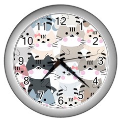 Cute Cat Couple Seamless Pattern Cartoon Wall Clock (silver) by Semog4