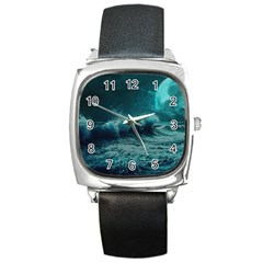 Waves Ocean Sea Tsunami Nautical 2 Square Metal Watch by Jancukart