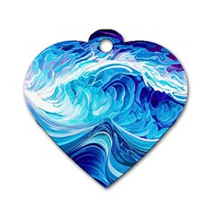 Tsunami Waves Ocean Sea Nautical Nature Abstract Blue Water Dog Tag Heart (one Side)