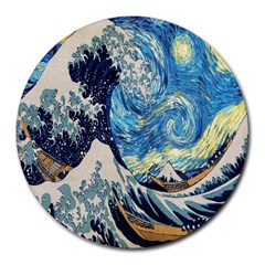 The Great Wave Of Kanagawa Painting Starry Night Van Gogh Round Mousepad