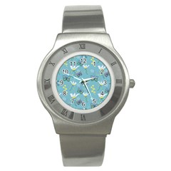 Butterflies Flowers Blue Background Spring Pattern Stainless Steel Watch