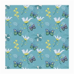 Butterflies Flowers Blue Background Spring Pattern Medium Glasses Cloth (2 Sides)