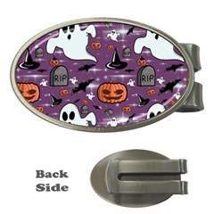Pumpkin Ghost Witch Hat Halloween Sketch Holiday Money Clips (oval) 