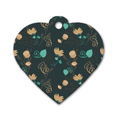 Flowers Leaves Pattern Seamless Green Background Dog Tag Heart (two Sides)