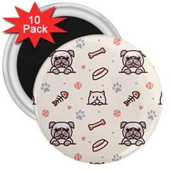Pug Dog Cat With Bone Fish Bones Paw Prints Ball Seamless Pattern Vector Background 3  Magnets (10 Pack) 