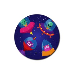 Cartoon-funny-aliens-with-ufo-duck-starry-sky-set Rubber Round Coaster (4 Pack)